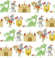 Seamless pattern vector of fairy tale elements cartoon with dragon, knight, horse and castle