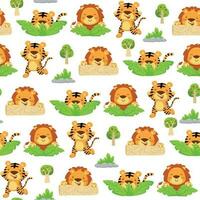 Seamless pattern vector of tiger and lion cartoon playing hide and seek