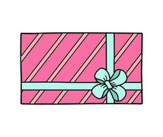 Gift box with bow. Vector illustration of colored icon of a festive present in a package. Isolated on white, box in wrapping paper.