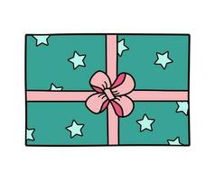 Gift box with bow. Vector illustration of colored icon of a festive present in a package. Isolated on white, box in wrapping paper.