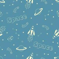 Cosmos doodle is a set of vector illustrations. Seamless pattern icons of space elements rocket cosmonaut stars satellite telescope comet.