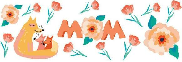 Mother's Day, Happy Holiday. Love mom, quote, animal, fox with flowers. vector