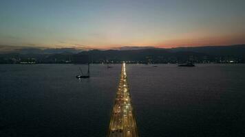 Aerial move forward Penang Bridge car traffic video