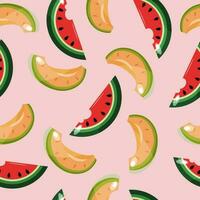 Colourful fruit seamless pattern with melon and watermelon. Vector design on a pink background.