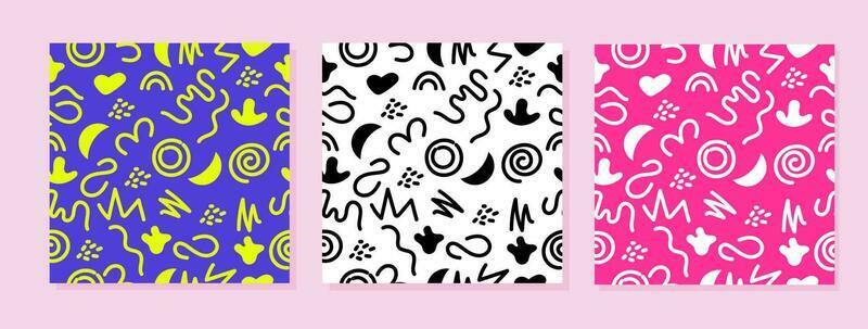 Set of colourful seamless doodle patterns with simple shapes. Hand drawn minimalist style vector background.