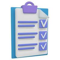 3d render check list icon. Document concept. Task list. Isolated vector illustration