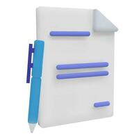 3d render Icon of Document Paper  Files. Business Concept. Isolated Vector Illustration. Pen standing