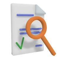 3d render icon. Document paper with magnifying glass and check mark. Isolated on white background vector