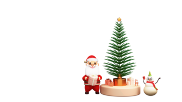 3d framställa av santa claus innehav gåva låda, rolig snögubbe och xmas eller gran träd på podium. png