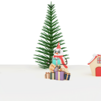 3d machen von süß Schneemann halten Geschenk Box mit Weihnachten oder Fichte Baum, Haus Bogen auf schneebedeckt Hintergrund. png