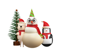 3d illustratie van tekenfilm sneeuwman met pinguïn, polair beer staand samen en Kerstmis of net boom tegen achtergrond. png