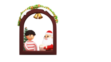 3d geven van de kerstman claus aanbieden geschenk doos naar jong jongen Bij venster versierd door gouden rinkelen klokken met voor de helft krans en kopiëren ruimte. png