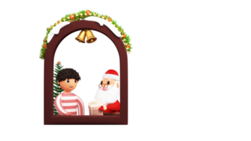 3d render do santa claus oferta presente caixa para jovem Garoto às janela decorado de dourado tinir sinos com metade guirlanda e cópia de espaço. png