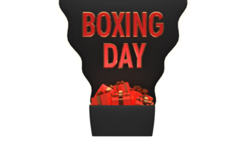 3D Render Of Boxing Day Text With Black Big Box Full Of Gifts Against Background. Advertising Banner Design. png