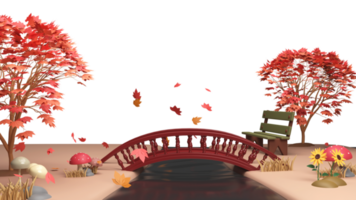 3D Render Autumn Bridge Background With Tree, Flying Leaves, Bench, Toadstools And Copy Space. png