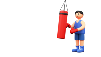 3d render do jovem homem boxer exercite-se com soco saco contra fundo e cópia de espaço. png