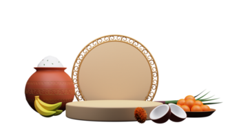 3D Illustration Of Pongal Festival Elements And Empty Circular Frame Against Background. png