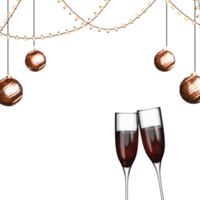 3D Champagne Glasses With Bronze Baubles Hang, Lighting Garland Decorated Background And Copy Space. png