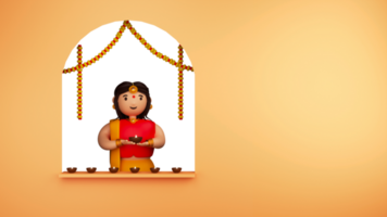 3D Render Of Indian Woman Holding Lit Oil Lamps With Marigold Flower Garland Against Orange Background. png