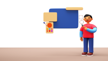 3d graphique designer homme en utilisant stylo outil avec Couleur palette sur écran et copie espace. png