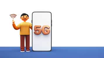 3d framställa av ung man som visar wiFi symbol med 5g text över smartphone skärm och kopia Plats. png