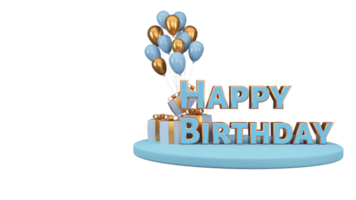 3d glücklich Geburtstag Text mit Geschenk Kisten und glänzend Ballon Bündel Über Blau Podium. png