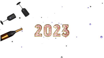 oben Aussicht von 3d 2023 Nummer mit Champagner Flasche und leeren Flöte Brille dekoriert Hintergrund. png