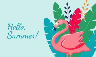 Summer background with flamingo and palm leaves. Hello summer vector