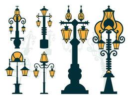 Street lamp vector set. laser cut Retro street light pillars and lantern poles