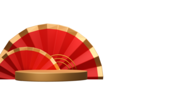 3D Rendering Golden Empty Podium With Accordion Paper Flowers Or Folding Fans Element. png