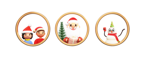 Merry Christmas Characters As Santa Claus, Snowman, Funny Kids In Golden Circle Frame In 3D Render. png