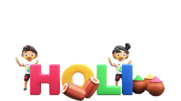 3D Render Colorful Holi Text With Dhol Instrument, Color Powder In Clay Pots And Cartoon Kids Playing Colors Over Background. png