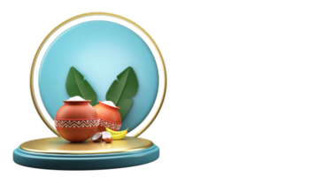 3D Render Pongal Festival Elements Over Podium With Empty Circular Frame In Golden And Light Turquoise Color. png