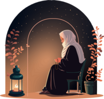 Muslim Frau Charakter beten mit tasbih beim Stuhl, Pflanze Topf und beleuchtet Arabisch Lampe auf dunkel Hintergrund zum islamisch Festival Konzept. png