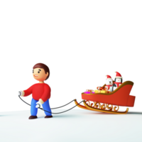 3D Render Young Boy Carrying Sleigh Full Of Gift Boxes With Polar Bear, Penguin Wear Santa Hat Against Background And Copy Space. png