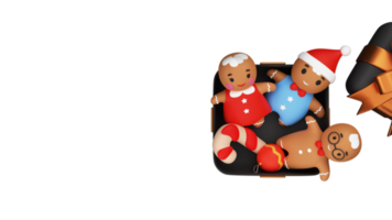 3D Render Top View Of Funny Gingerbread With Candy Cane In Open Gift Box And Copy Space. png
