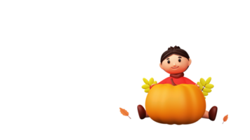 3D Illustration Of Young Girl Sitting With Pumpkin, Leaves Against Background And Copy Space. png