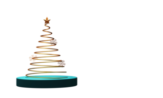 3D Render Of Golden Spiral Christmas Tree With Star, Snowflake Over Blue Podium Background And Copy Space. png