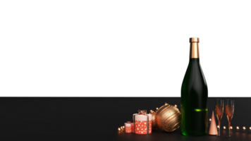 3d rendere di Champagne bottiglia con flauto occhiali, palline, regalo scatole, cono forma, illuminazione ghirlanda contro sfondo e copia spazio. png