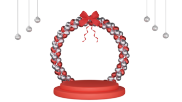 Circular Frame Made By Balloons With Red Bow Ribbon Over Podium, Baubles Hang And Copy Space. png