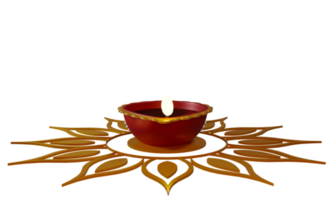 Realistic Lit Oil Lamp Over Golden Rangoli And Copy Space. png