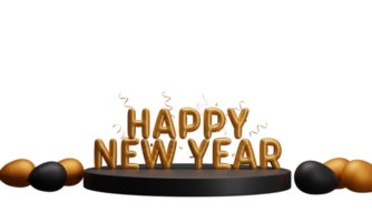 3D Golden Foil Happy New Year Text Over Podium With Curl Ribbon And Balloons On Background. png