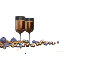 3d representación de vino lentes con pelotas, dorado rizo cintas y Copiar espacio. png