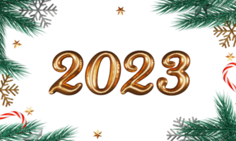 3d geven van gouden folie 2023 aantal met sterren, sneeuwvlokken, snoep wandelstokken en Spar bladeren versierd achtergrond. png