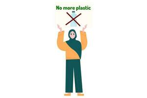 A woman stands at a protest holding a placard. Environmental protection. No more plastic. vector