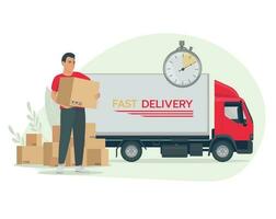 Fast delivery concept. The courier delivers the box. Express delivery for applications and websites. vector