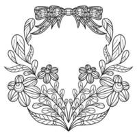 Ribbon wreath and flower hand drawn for adult coloring book vector