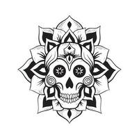 A black and white illustration of a skull with a flower in the middle vector