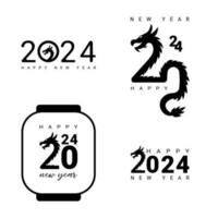 Vector illustration of a set of 2024 numbers with dragon. Logo text design for New Year 2024 and Christmas. Stickers black 2024 for notebooks, calendars, websites and diaries.