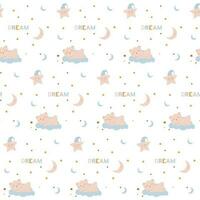 Seamless pattern with a cute sleeping bear on a cloud, a star and a moon in pink and blue. Good night and sweet dreams. Cartoon kids texture and background. Vector illustration
